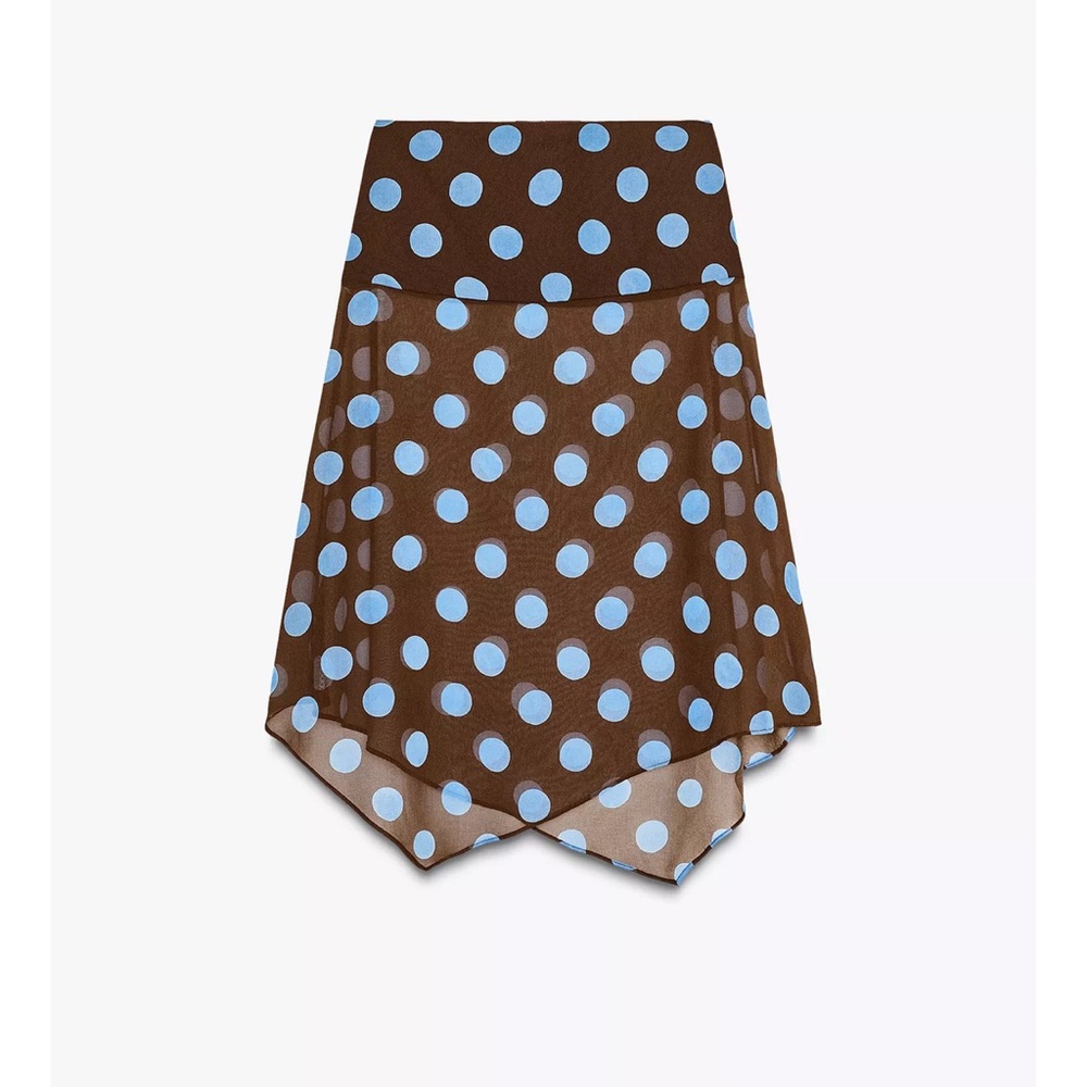 Zara Asymmetrical Brown and Blue Polka Dot Skirt